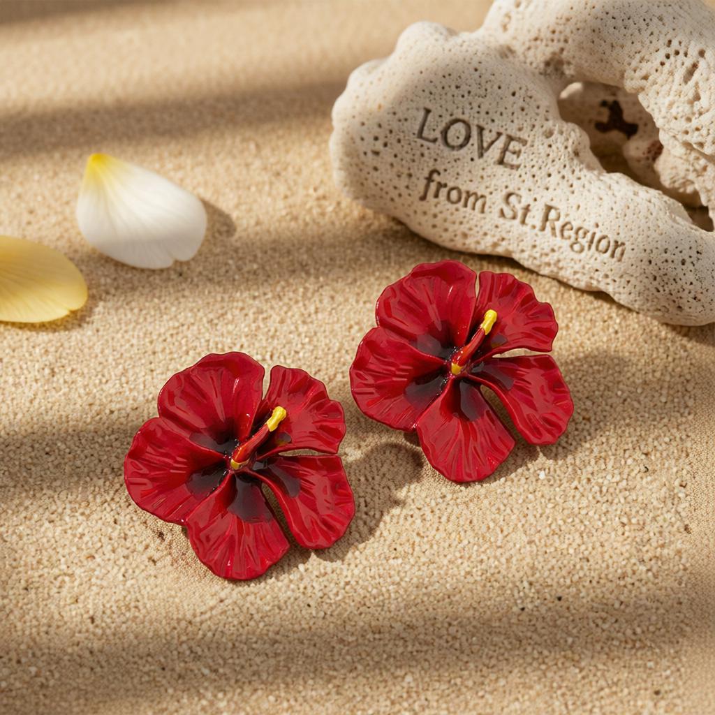 Red Enamel Flower Stud Earrings, cubic zirconia stud earrings for women, everyday style, lifestyle look