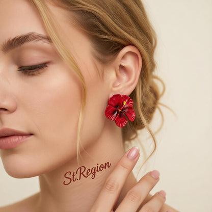 Red Enamel Flower Stud Earrings, cubic zirconia stud earrings for women, everyday style, styled look
