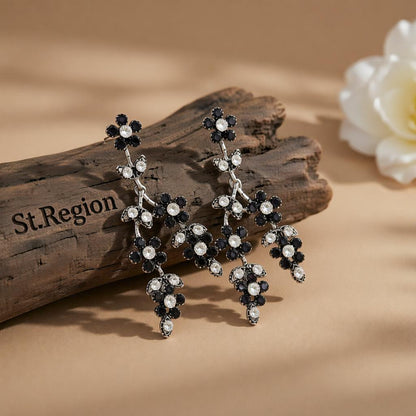 Black Cubic Zirconia and Silvertone Flower Branch Dangle Earrings, silver drop earrings for women, front view