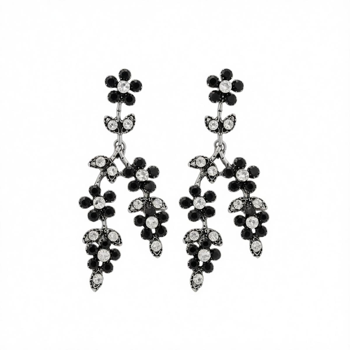 Black Cubic Zirconia and Silvertone Flower Branch Dangle Earrings, silver drop earrings for women, side view