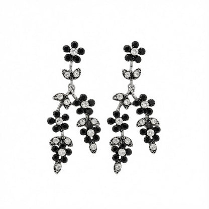 Black Cubic Zirconia and Silvertone Flower Branch Dangle Earrings, silver drop earrings for women, side view