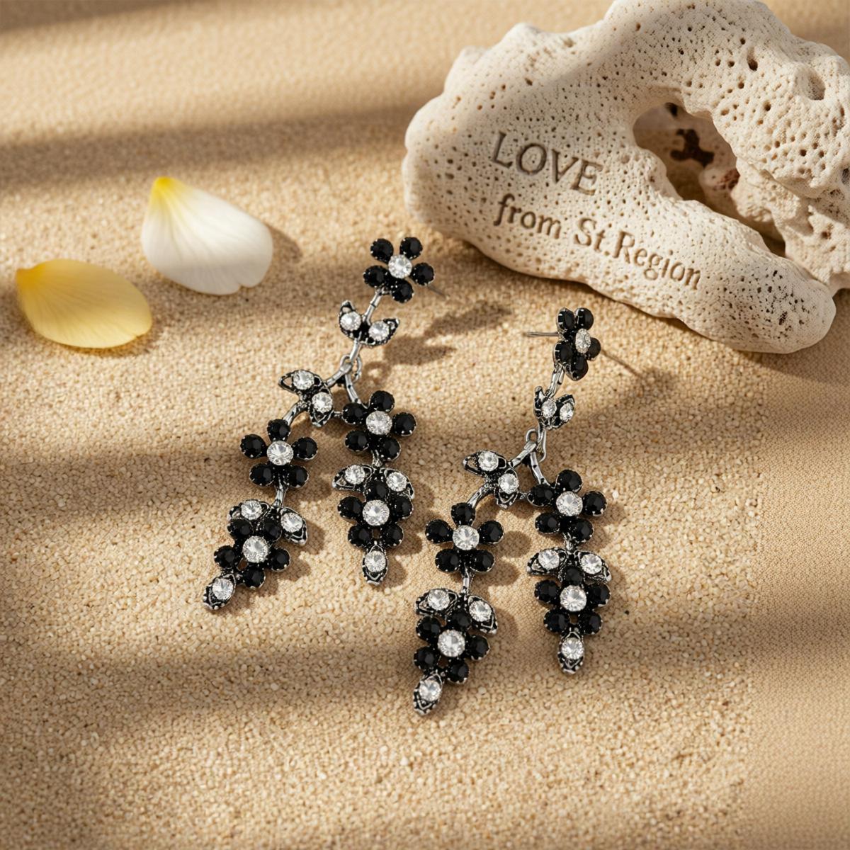 Black Cubic Zirconia and Silvertone Flower Branch Dangle Earrings, silver drop earrings for women, lifestyle look