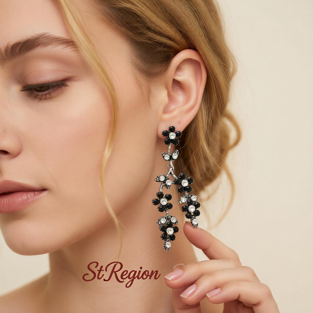 Black Cubic Zirconia and Silvertone Flower Branch Dangle Earrings, silver drop earrings for women, styled look