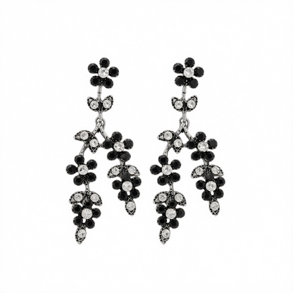 Black Cubic Zirconia & Silvertone Flower Branch Dangle Earrings