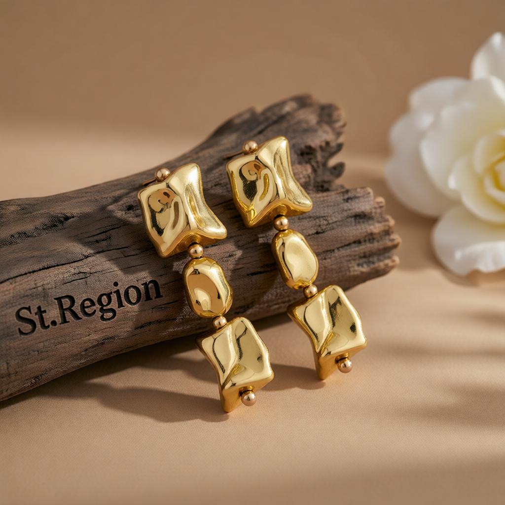Goldtone Cube Bead Dangle Earrings, gold drop earrings for women, elegant gift for her, front view
