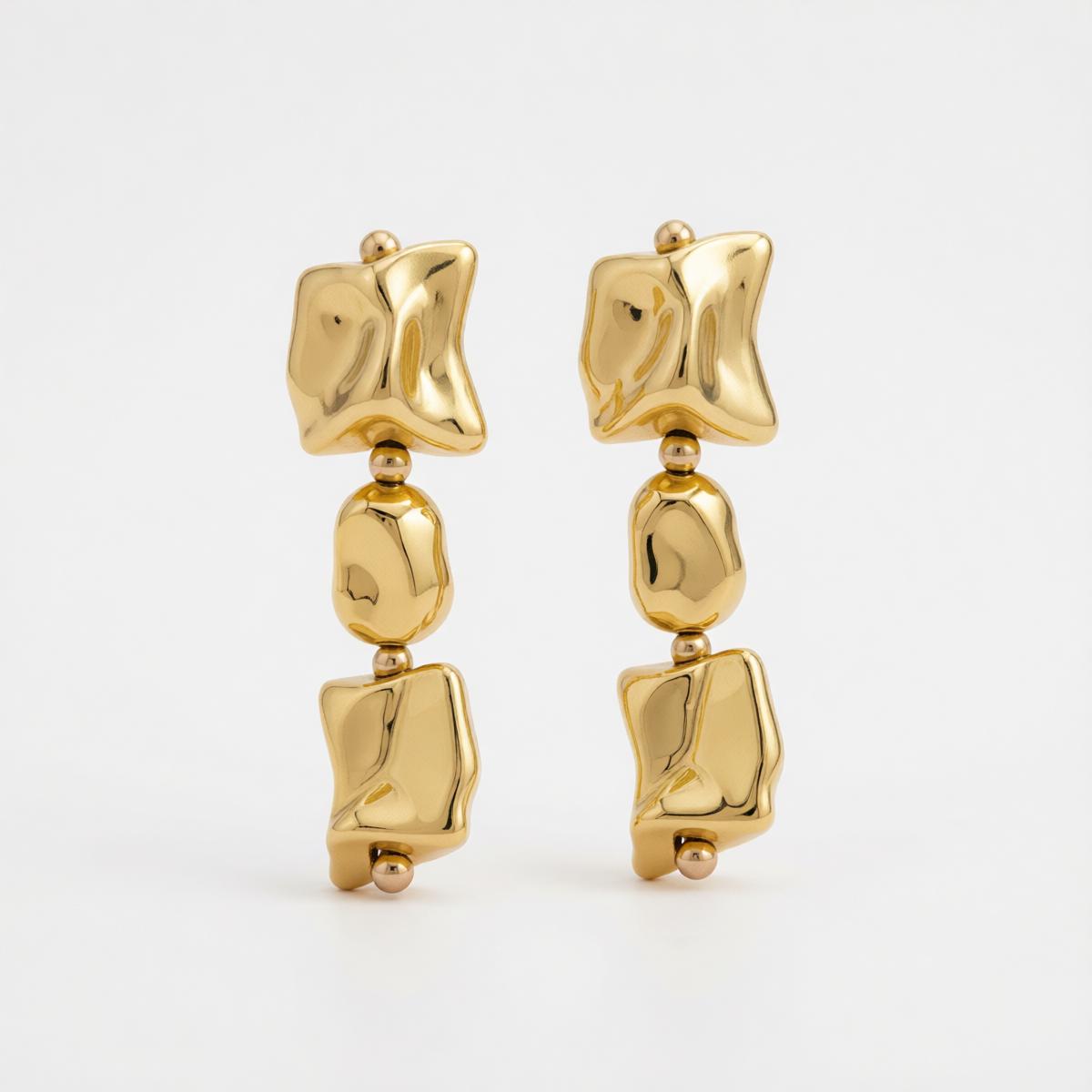 Goldtone Cube Bead Dangle Earrings, gold drop earrings for women, elegant gift for her, side view