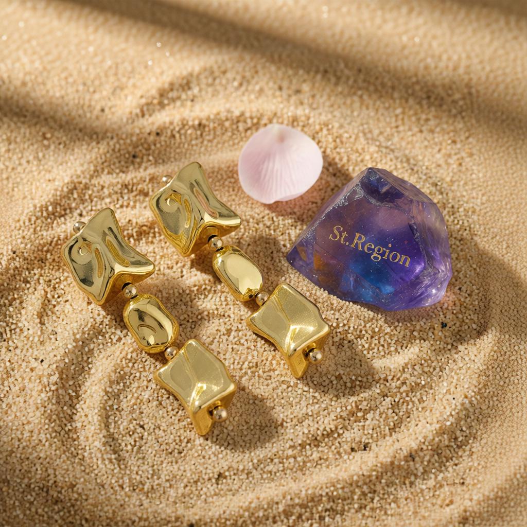 Goldtone Cube Bead Dangle Earrings, gold drop earrings for women, elegant gift for her, detail close-up