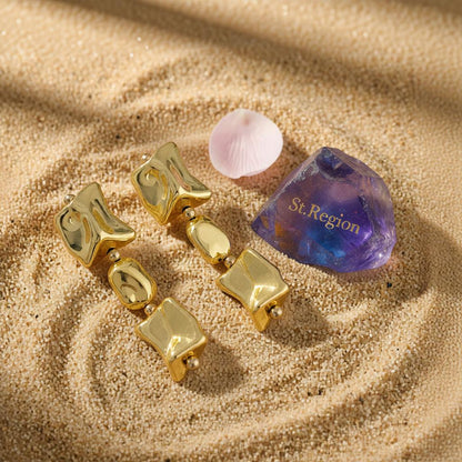 Goldtone Cube Bead Dangle Earrings, gold drop earrings for women, elegant gift for her, detail close-up