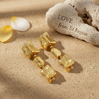 Goldtone Cube Bead Dangle Earrings, gold drop earrings for women, elegant gift for her, lifestyle look