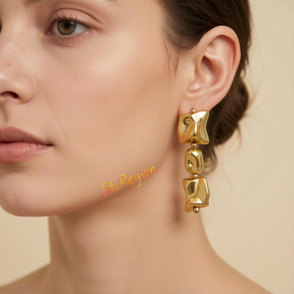 Goldtone Cube Bead Dangle Earrings, gold drop earrings for women, elegant gift for her, styled look