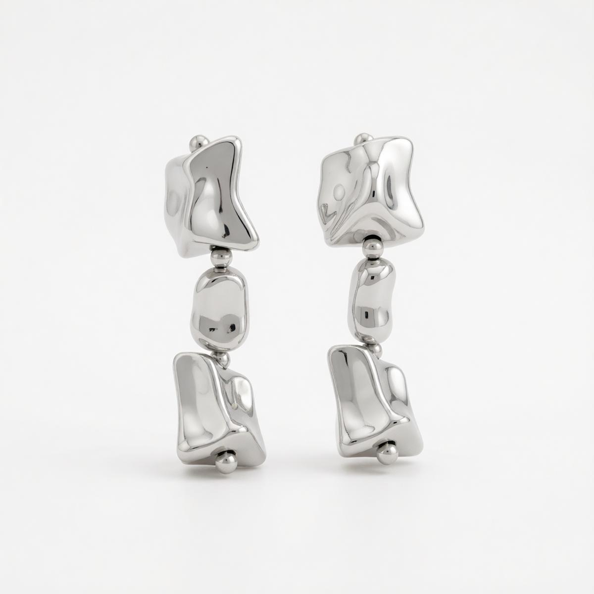 Silvertone Cube Bead Dangle Earrings, silver drop earrings for women, dainty minimalist design, side view