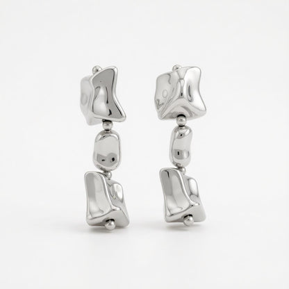 Silvertone Cube Bead Dangle Earrings, silver drop earrings for women, dainty minimalist design, side view