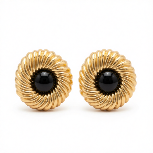 Black Resin & Goldtone Floral Round Stud Earrings