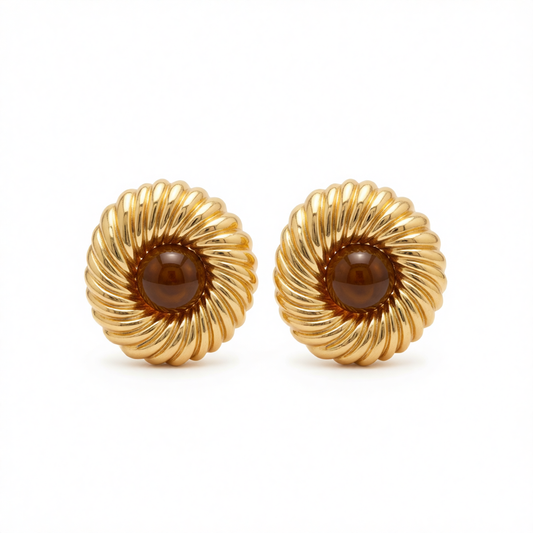 Brown Resin & Goldtone Floral Round Stud Earrings