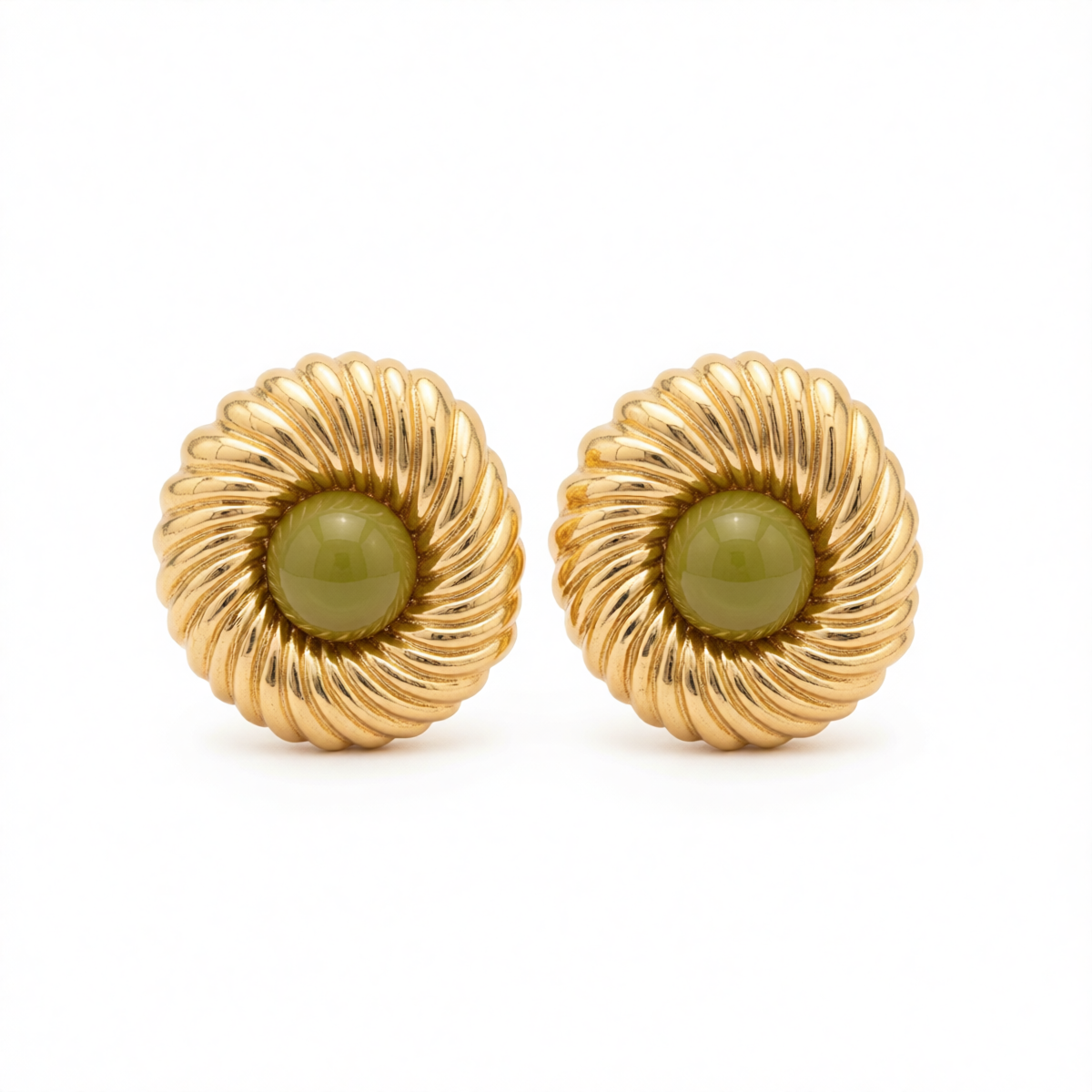 Green Resin & Goldtone Floral Round Stud Earrings
