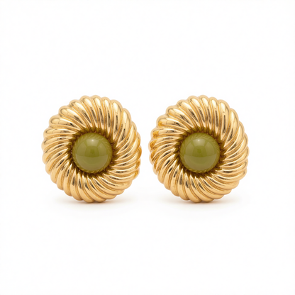 Green Resin & Goldtone Floral Round Stud Earrings