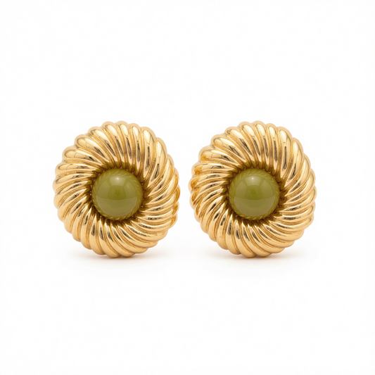 Green Resin & Goldtone Floral Round Stud Earrings