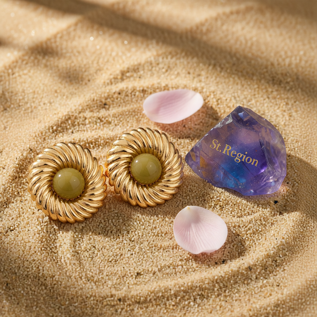 Green Resin & Goldtone Floral Round Stud Earrings