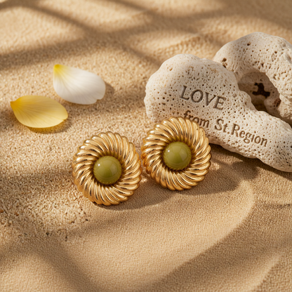 Green Resin & Goldtone Floral Round Stud Earrings
