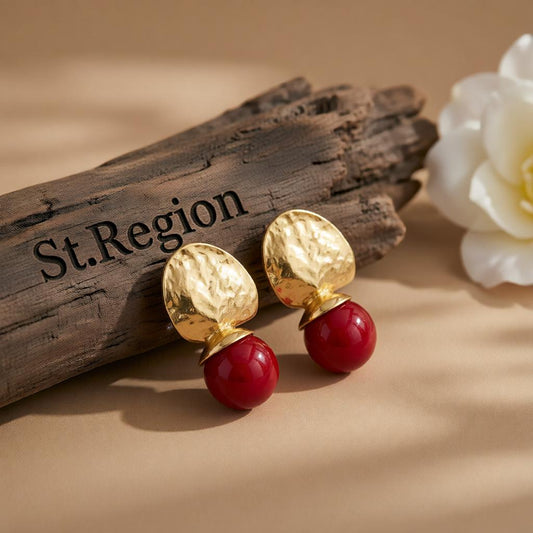 Red Resin and Goldtone Round Dangle Earrings, gold drop earrings for women, everyday style, front view