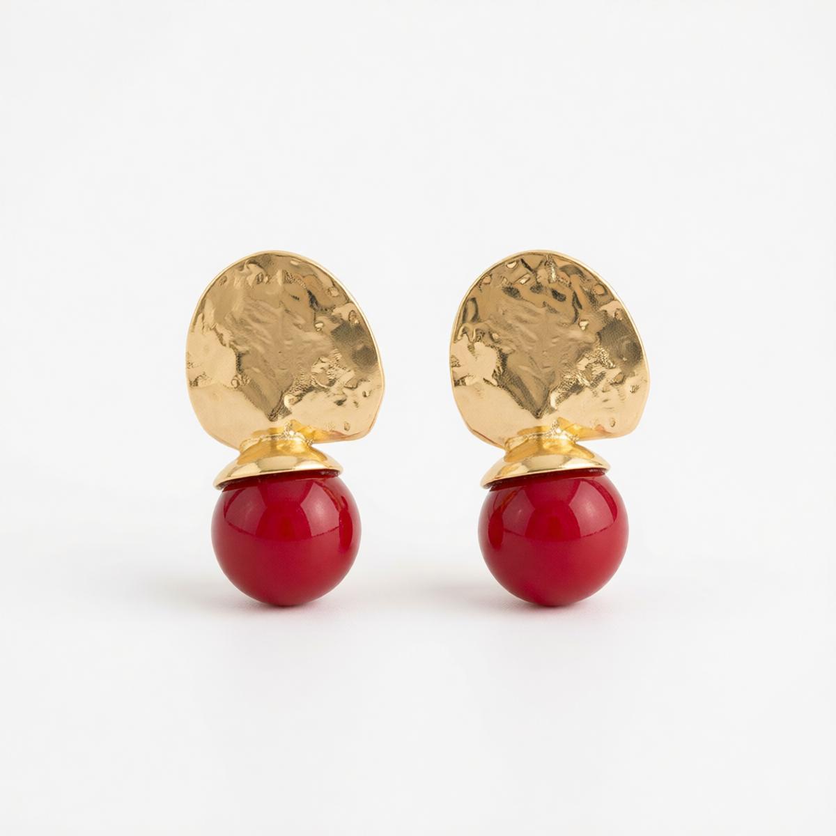 Red Resin and Goldtone Round Dangle Earrings, gold drop earrings for women, everyday style, side view