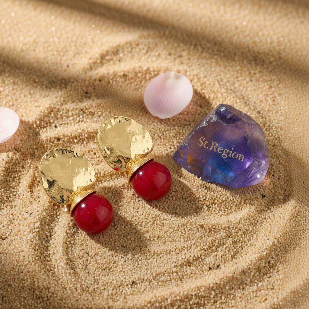 Red Resin and Goldtone Round Dangle Earrings, gold drop earrings for women, everyday style, detail close-up