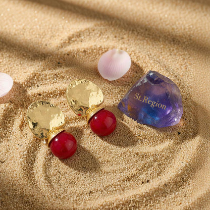 Red Resin and Goldtone Round Dangle Earrings, gold drop earrings for women, everyday style, detail close-up