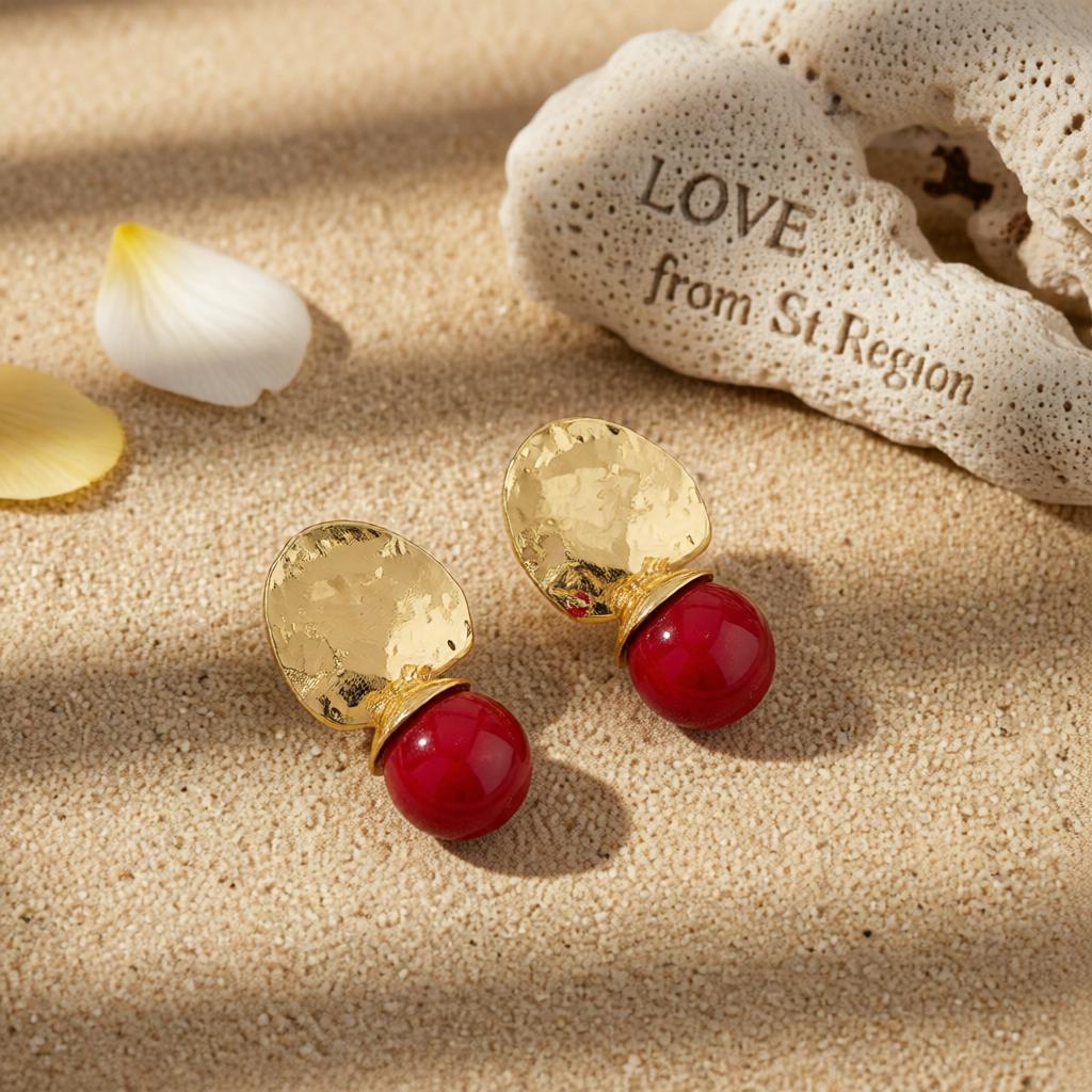 Red Resin and Goldtone Round Dangle Earrings, gold drop earrings for women, everyday style, lifestyle look