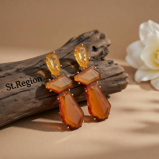 Orange Crystal & Goldtone Tiered Geometric Dangle Earrings