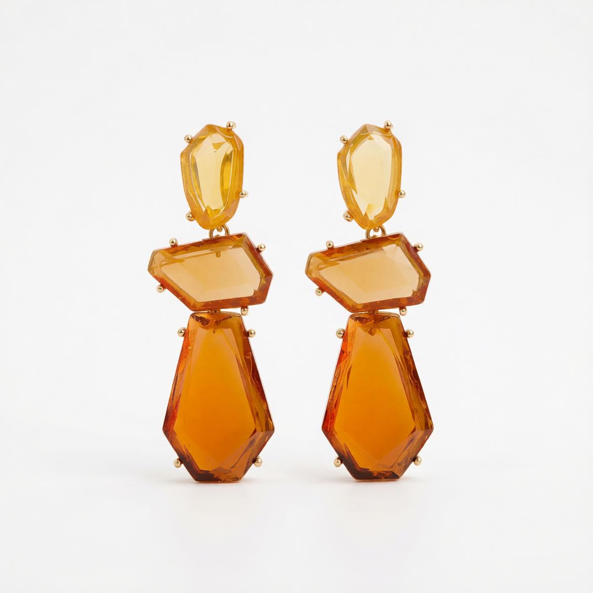 Orange Crystal and Goldtone Tiered Geometric Dangle Earrings, gold drop earrings for women, botanical inspired, side view