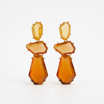 Orange Crystal and Goldtone Tiered Geometric Dangle Earrings, gold drop earrings for women, botanical inspired, side view