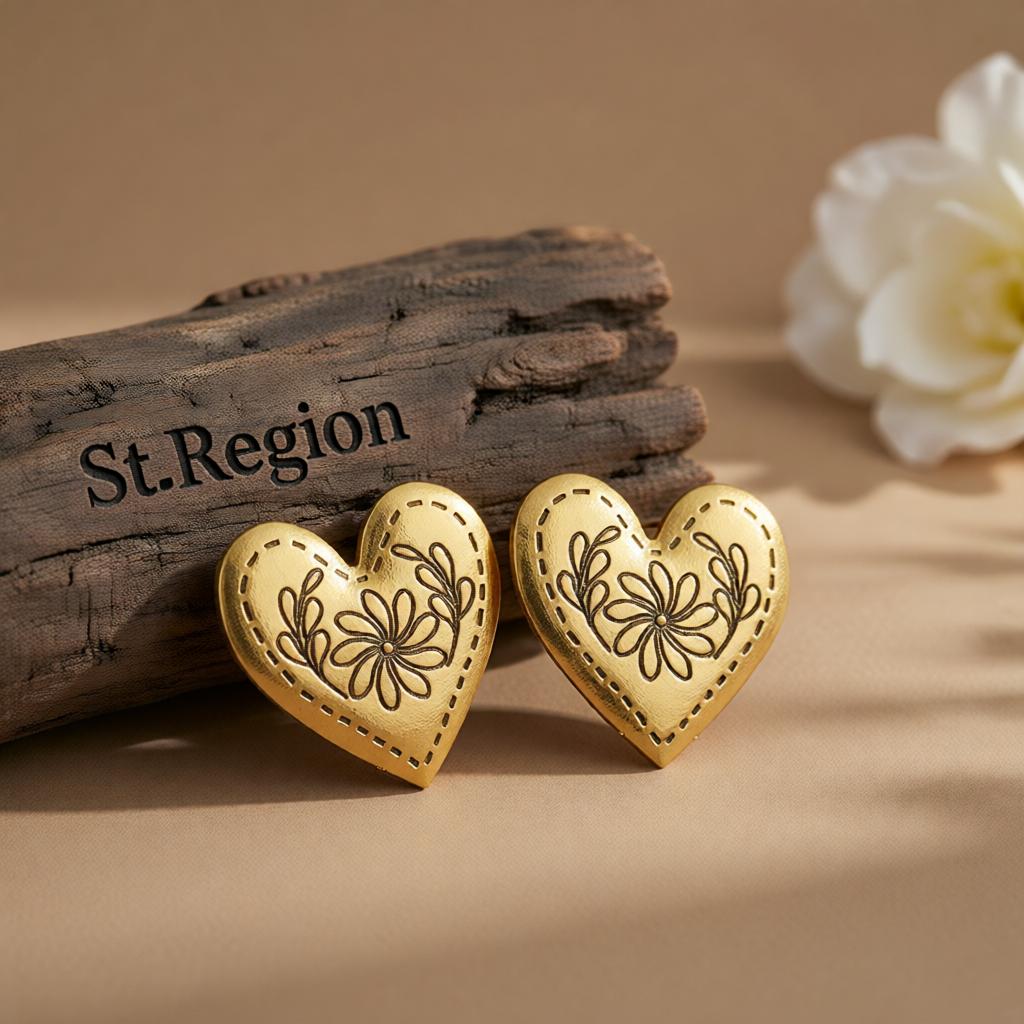 Goldtone Flower Heart Stud Earrings, cubic zirconia stud earrings for women, everyday style, front view