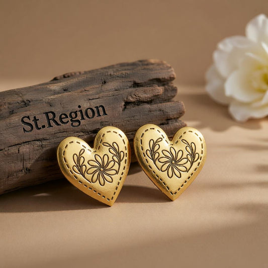 Goldtone Flower Heart Stud Earrings, cubic zirconia stud earrings for women, everyday style, front view