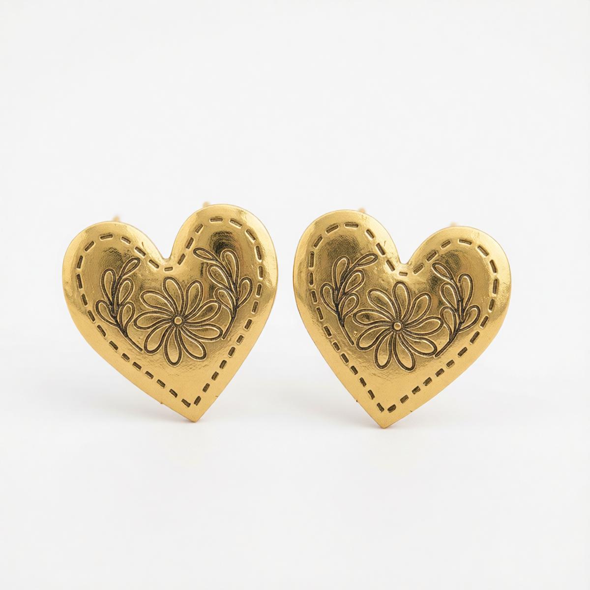Goldtone Flower Heart Stud Earrings, cubic zirconia stud earrings for women, everyday style, side view