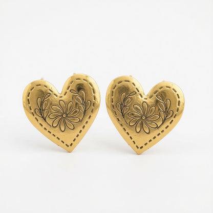 Goldtone Flower Heart Stud Earrings, cubic zirconia stud earrings for women, everyday style, side view