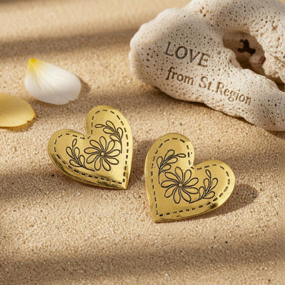Goldtone Flower Heart Stud Earrings, cubic zirconia stud earrings for women, everyday style, lifestyle look