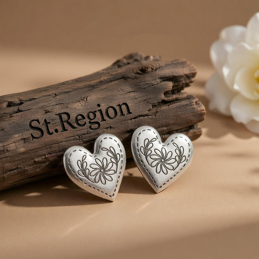 Silvertone Flower Heart Stud Earrings, cubic zirconia stud earrings for women, dainty minimalist design, front view