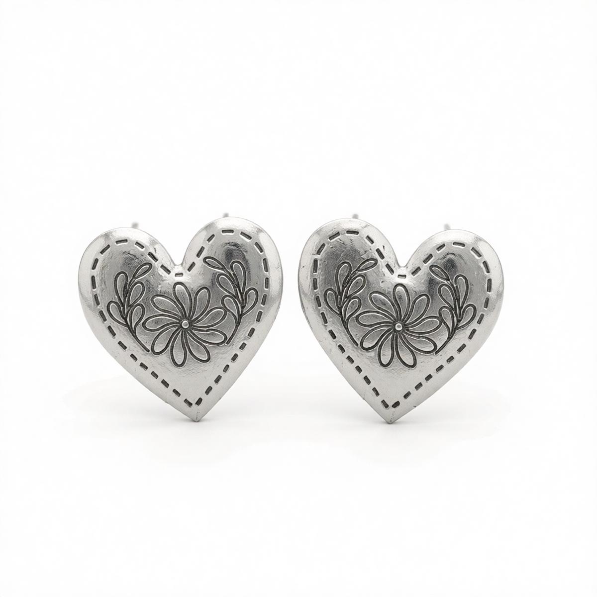 Silvertone Flower Heart Stud Earrings, cubic zirconia stud earrings for women, dainty minimalist design, side view