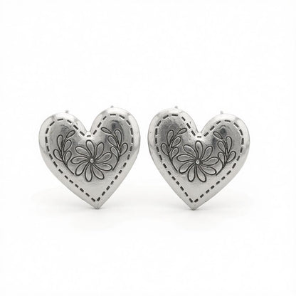 Silvertone Flower Heart Stud Earrings, cubic zirconia stud earrings for women, dainty minimalist design, side view