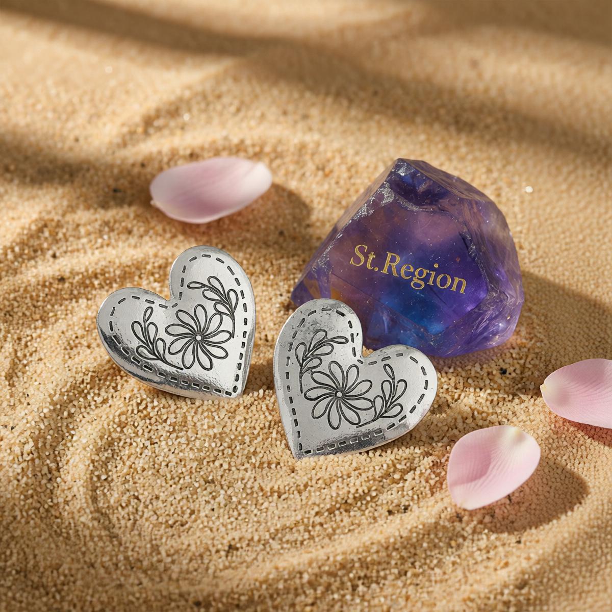 Silvertone Flower Heart Stud Earrings, cubic zirconia stud earrings for women, dainty minimalist design, detail close-up