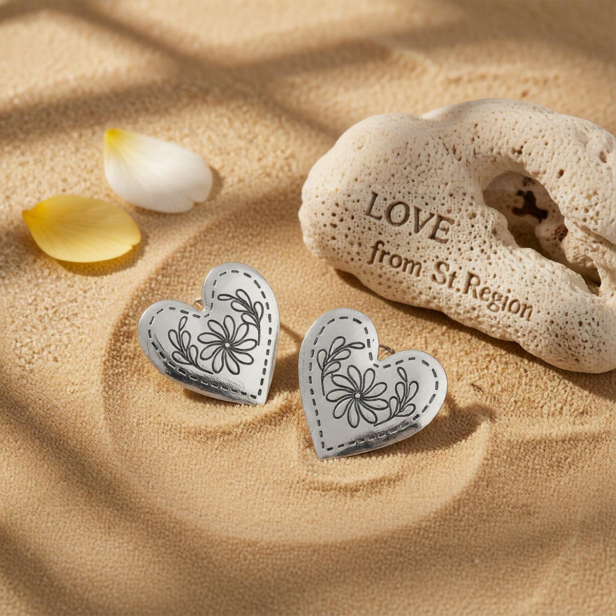 Silvertone Flower Heart Stud Earrings, cubic zirconia stud earrings for women, dainty minimalist design, lifestyle look