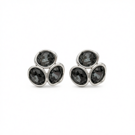 Black Tri-Crystal & Silvertone Geometric Stud Earring