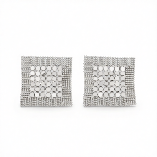 Silvertone Netted Sequins Rhombus Stud Earrings