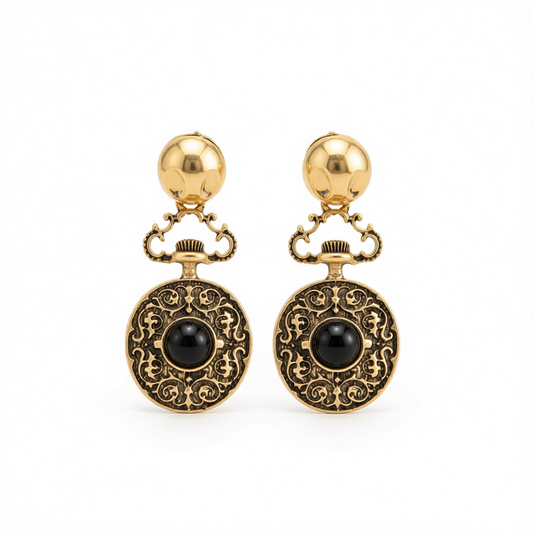 Black Resin & Goldtone Floral Oval Dangle Earrings