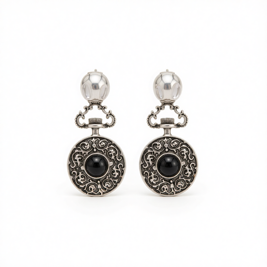 Black Resin & Silvertone Floral Oval Dangle Earrings