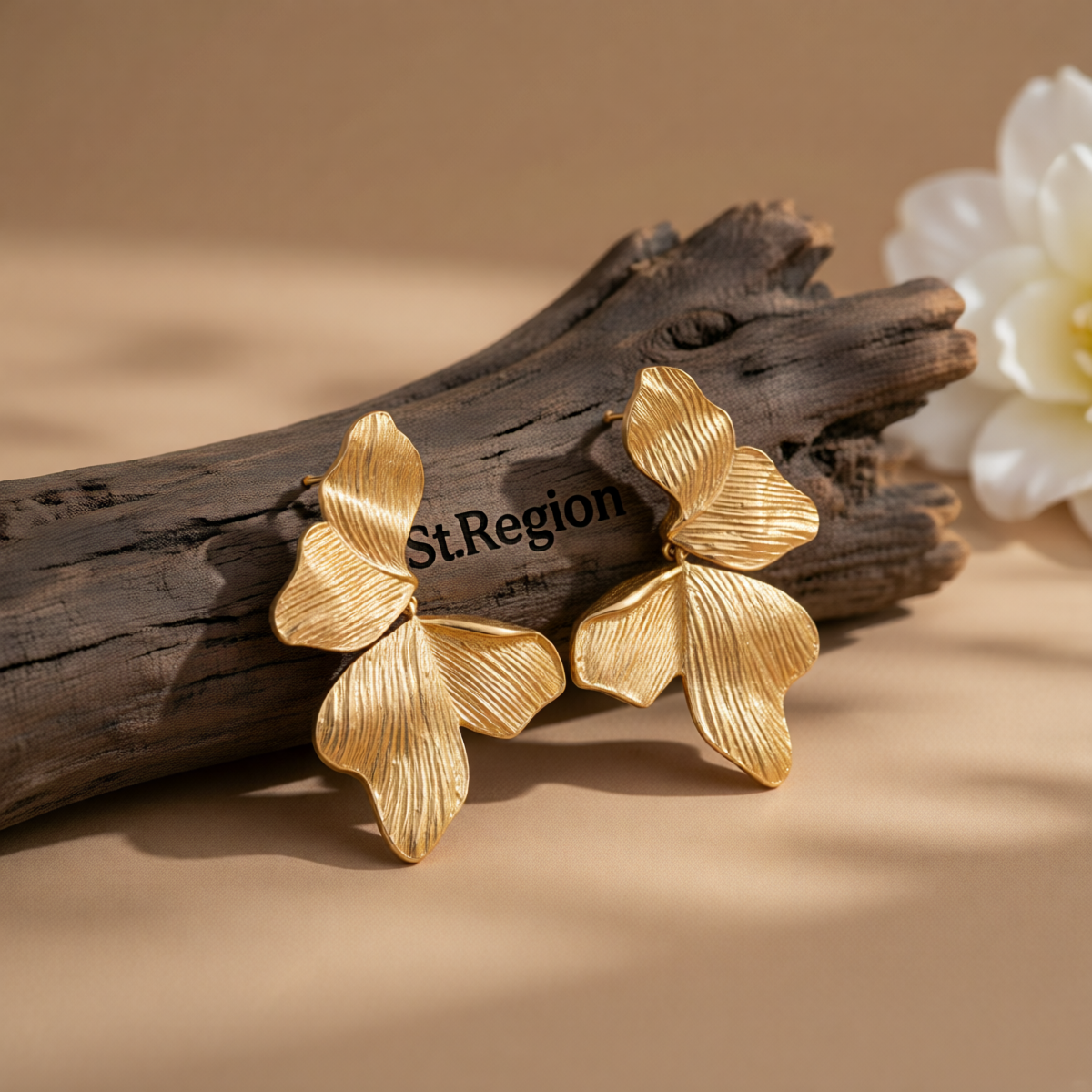 Goldtone Textured Petals Dangle Earrings