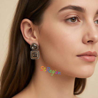Gray Crystal & Two-Tone Drop Square Dangle Earrings