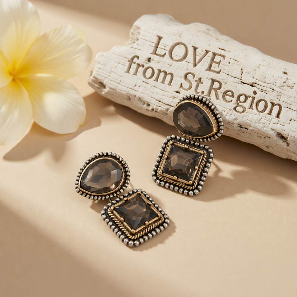 Gray Crystal & Two-Tone Drop Square Dangle Earrings