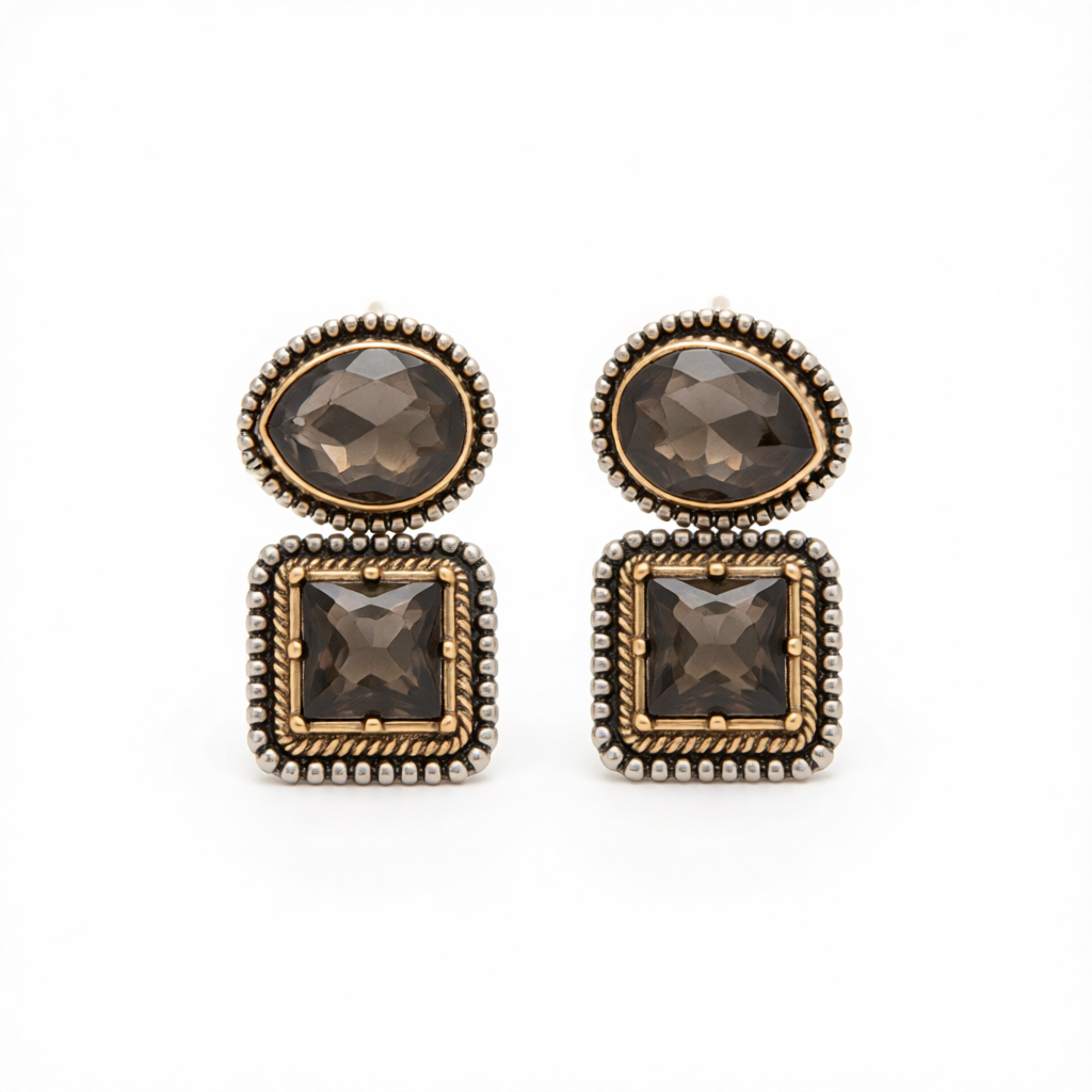 Gray Crystal & Two-Tone Drop Square Dangle Earrings