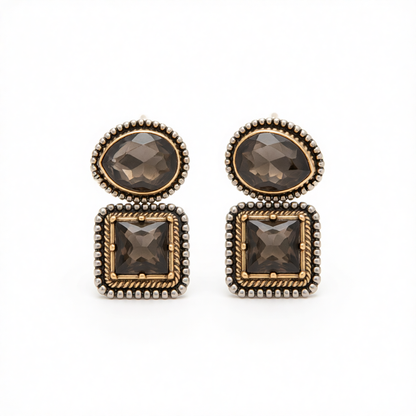 Gray Crystal & Two-Tone Drop Square Dangle Earrings